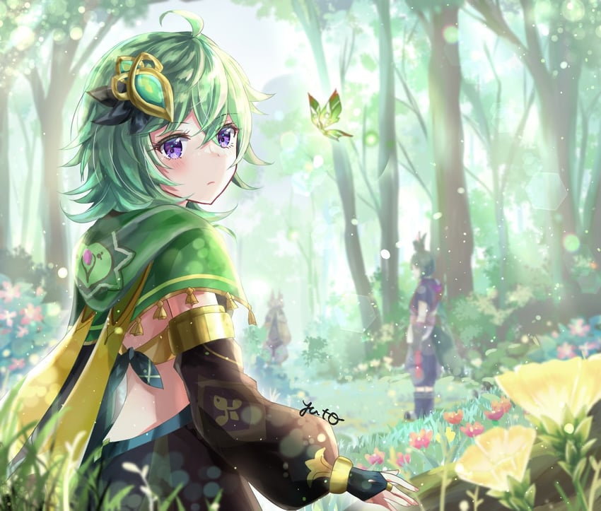tighnari, collei, and crystalfly (genshin impact) drawn by yuyu_(spika)