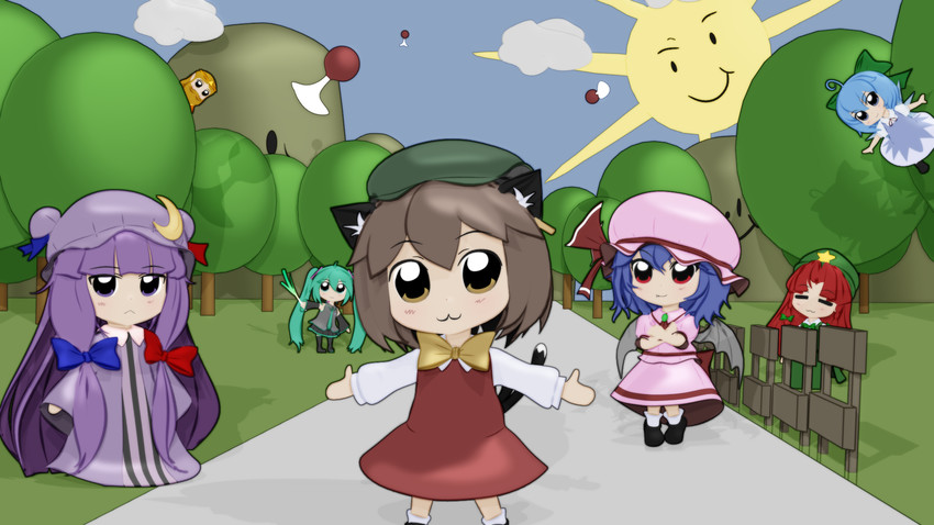 hatsune miku, remilia scarlet, cirno, patchouli knowledge, hong meiling, and 2 more (touhou and 2 more) drawn by gs-mantis