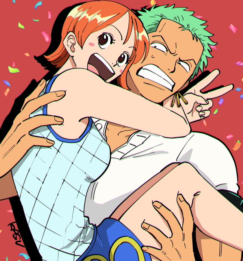nami and roronoa zoro (one piece) drawn by kasuga_akira