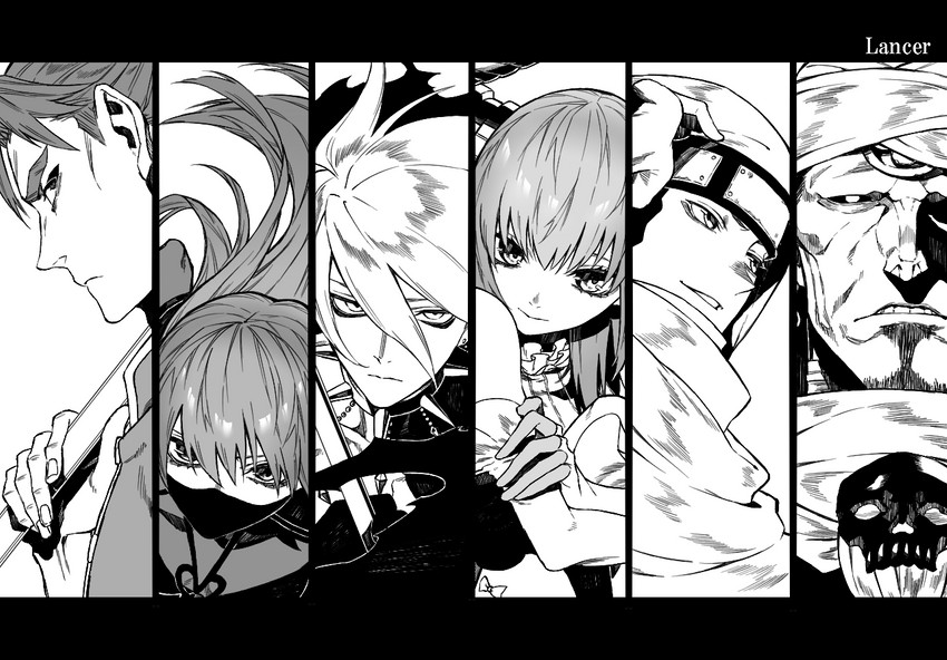 scathach, elizabeth bathory, karna, li shuwen, musashibou benkei, and 1 more (fate and 1 more) drawn by kofunami_nana
