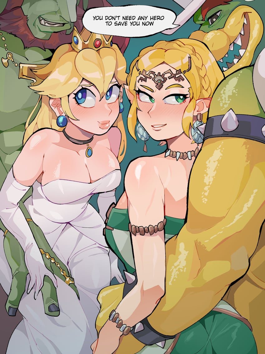 princess zelda, princess peach, bowser, and ganondorf (the legend of zelda and 3 more) drawn by diforland