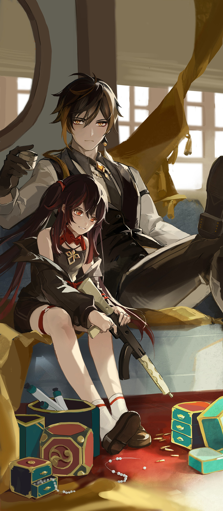 hu tao and zhongli (genshin impact) drawn by cocoons_(cocoon33)