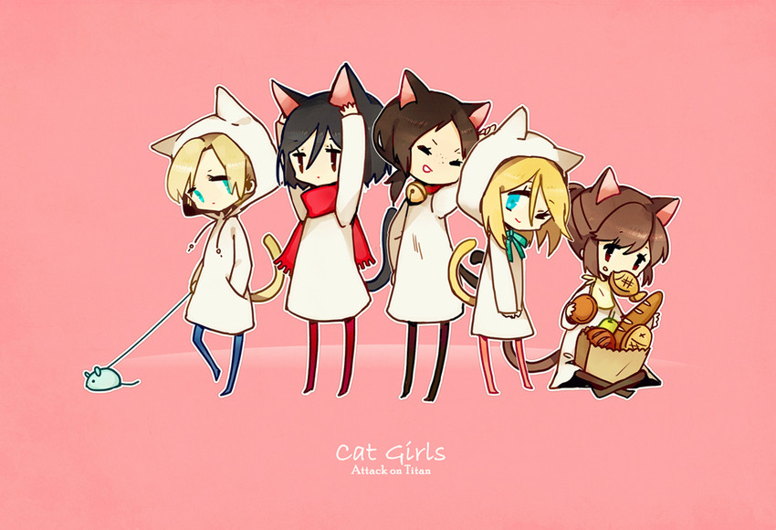 mikasa ackerman, krista lenz, ymir, annie leonhart, and sasha blouse (shingeki no kyojin) drawn by catskeys