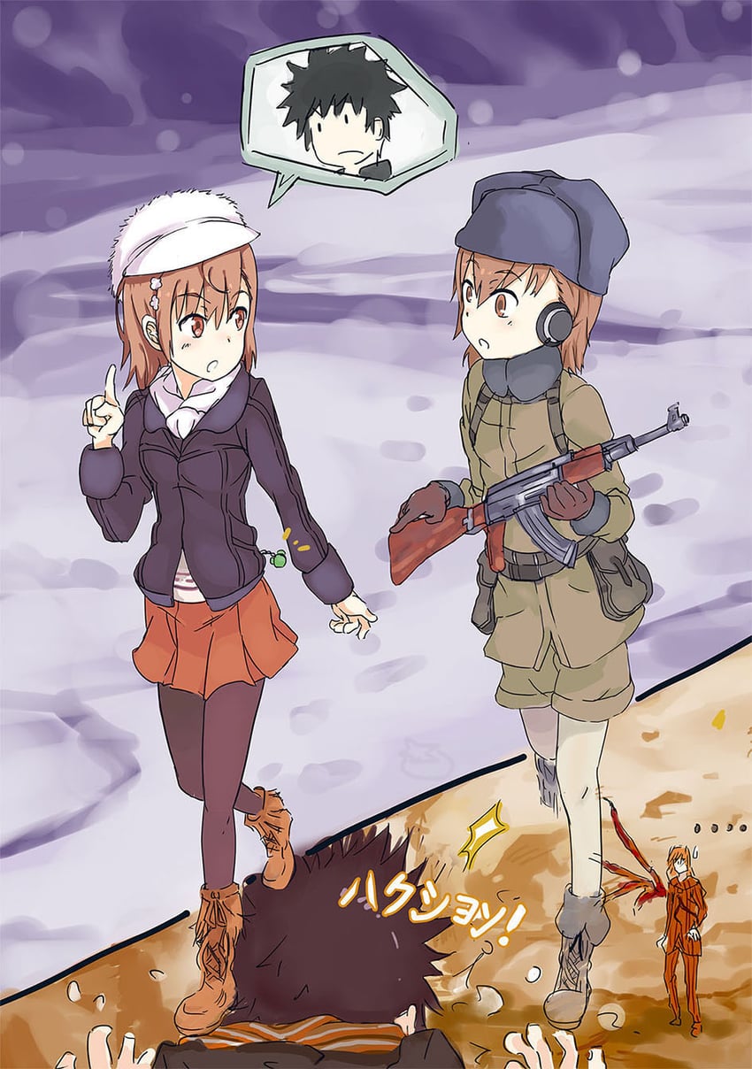 misaka mikoto, kamijou touma, gekota, misaka imouto, fiamma of the right, and 1 more (toaru majutsu no index and 1 more) drawn by tomato_(lsj44867)