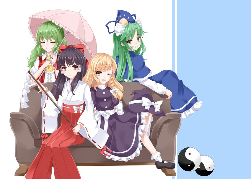hakurei reimu, kirisame marisa, kazami yuuka, and mima (touhou and 1 more) drawn by nanatuki13