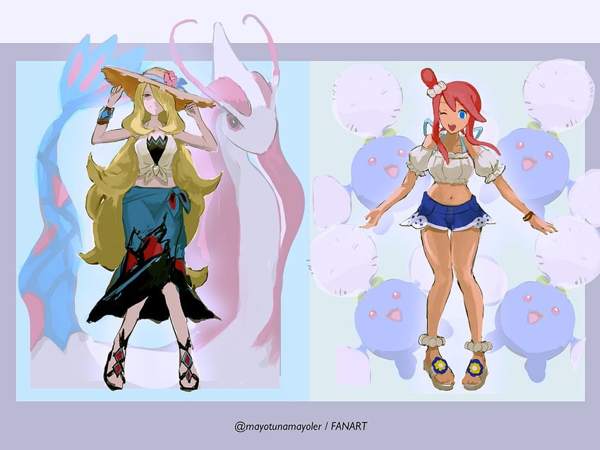 cynthia, skyla, milotic, and jumpluff (pokemon and 1 more) drawn by mayotsunamayo