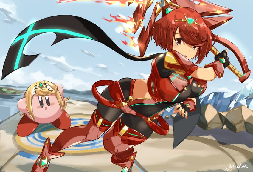 pyra, kirby, and mythra (xenoblade chronicles and 3 more) drawn by ga-chan_(kokonattusoul)