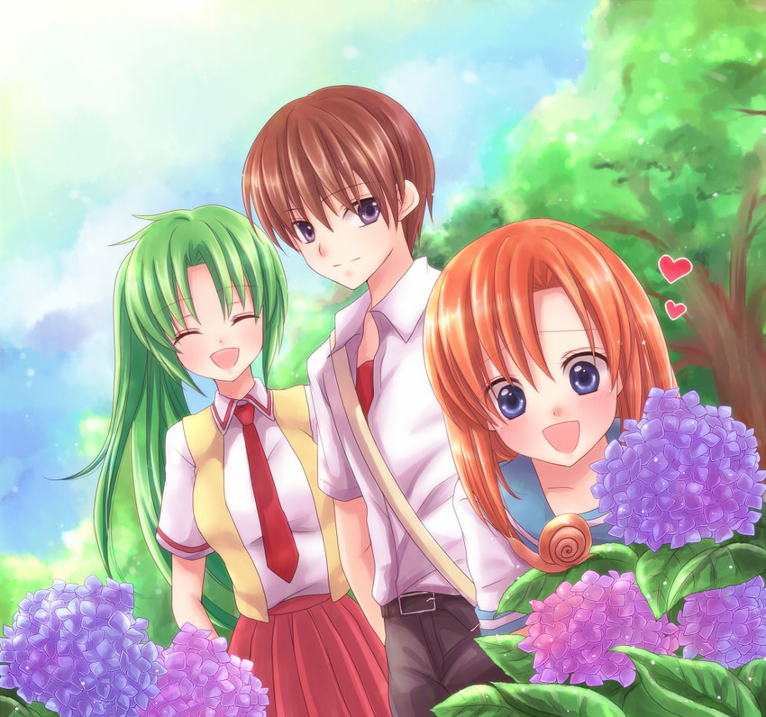 ryuuguu rena, sonozaki mion, and maebara keiichi (higurashi no naku koro ni) drawn by maekawa_suu