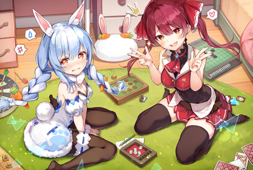 houshou marine, usada pekora, don-chan, and pekomon (hololive and 1 more) drawn by brat_(brabrabrat00)