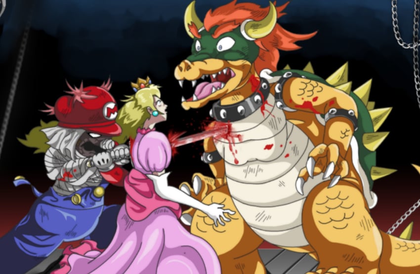 princess peach, mario, bowser, and shishio makoto (mario and 1 more) drawn by mojapene