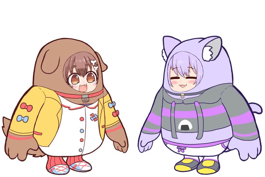 nekomata okayu, inugami korone, and fall guy (hololive and 1 more) drawn by matarou_(matarou072)