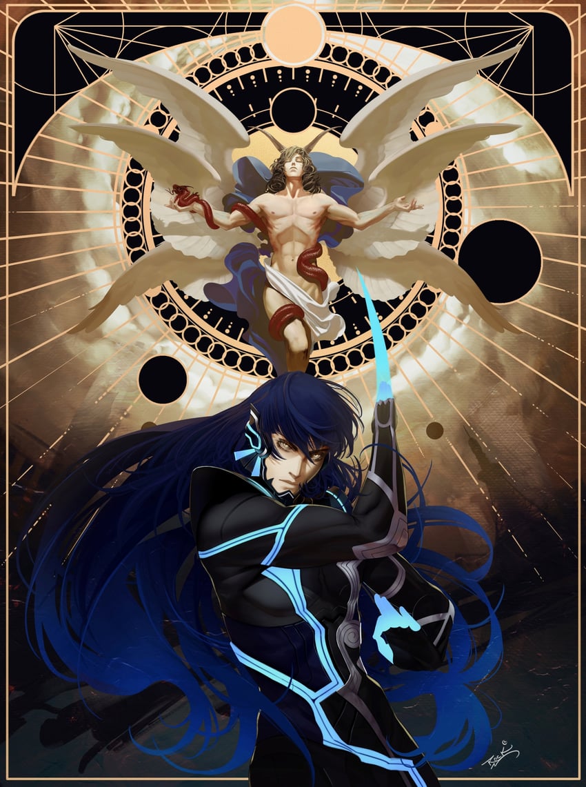 protagonist, lucifer, helel, and samael (shin megami tensei and 2 more) drawn by rock_cr