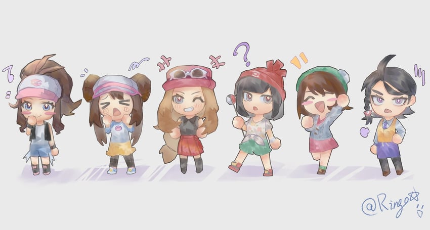 rosa, hilda, gloria, serena, selene, and 1 more (pokemon and 7 more) drawn by ringo_(reruhiri)