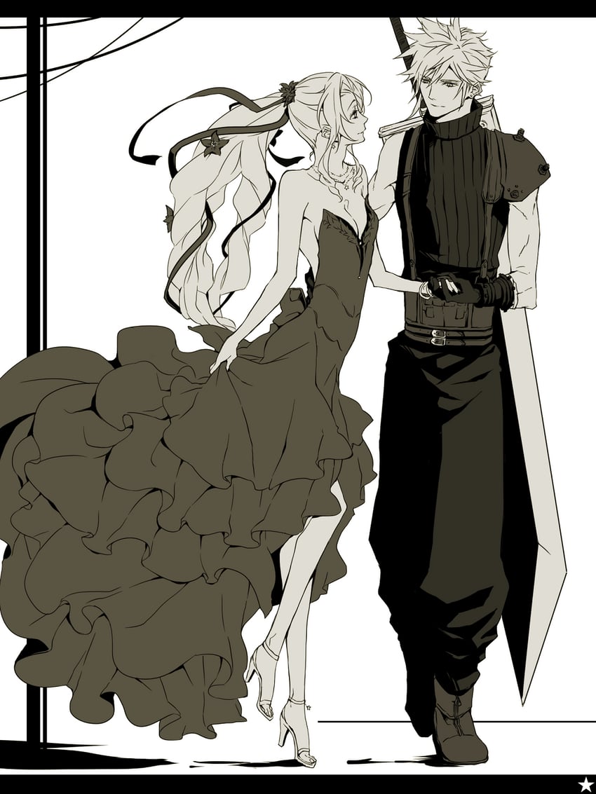 cloud strife and aerith gainsborough (final fantasy and 2 more) drawn by akatsuki_jam