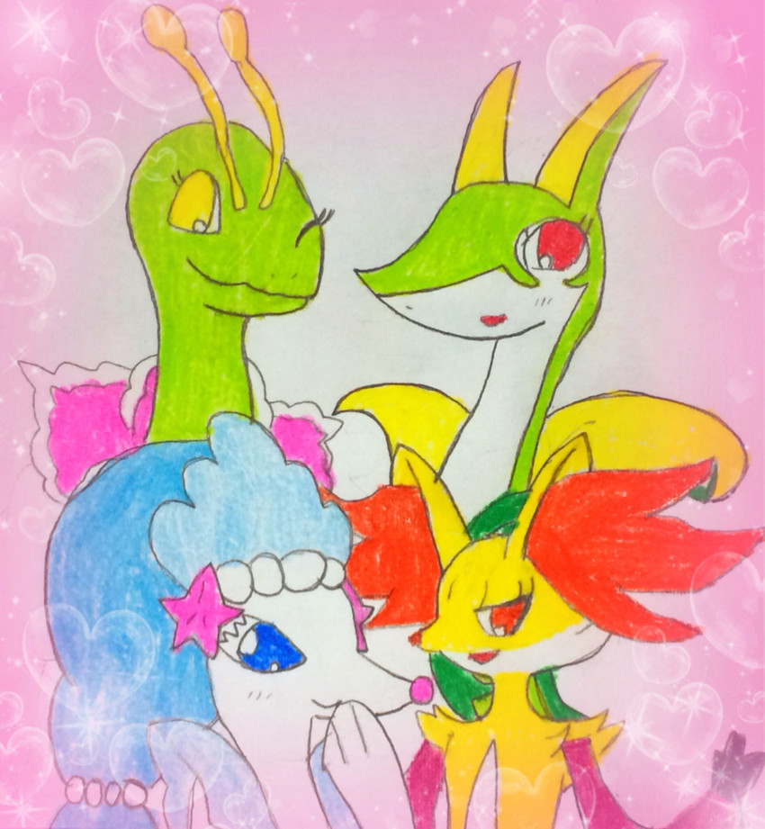 primarina, serperior, delphox, and meganium (pokemon) drawn by sakura_(momoirosakura0309)