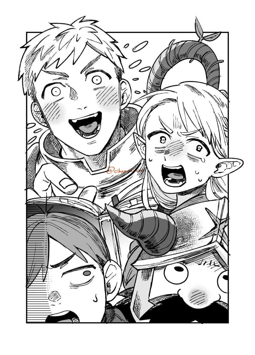 marcille donato, laios touden, senshi, and chilchuck tims (dungeon meshi) drawn by cibamatoxins
