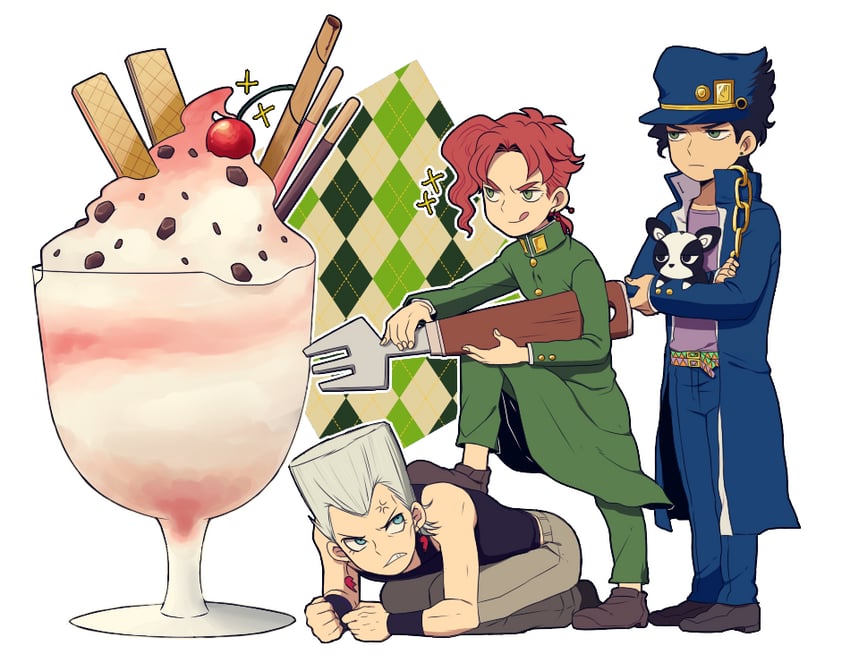 kujo jotaro, kakyoin noriaki, jean pierre polnareff, and iggy (jojo no kimyou na bouken and 1 more) drawn by laphy