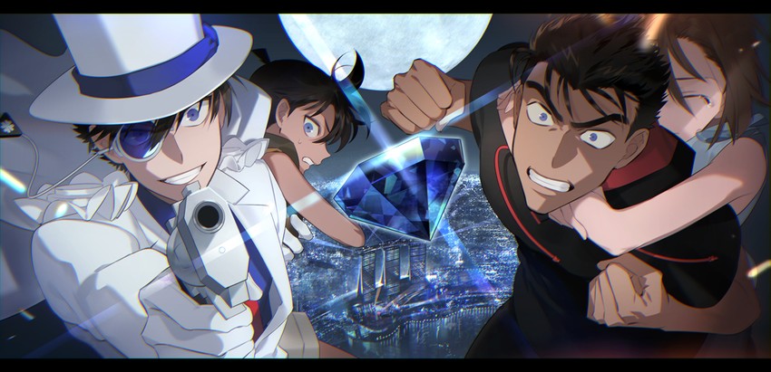 edogawa conan, kaitou kid, suzuki sonoko, and kyougoku makoto (meitantei conan and 1 more) drawn by kanamura_ren