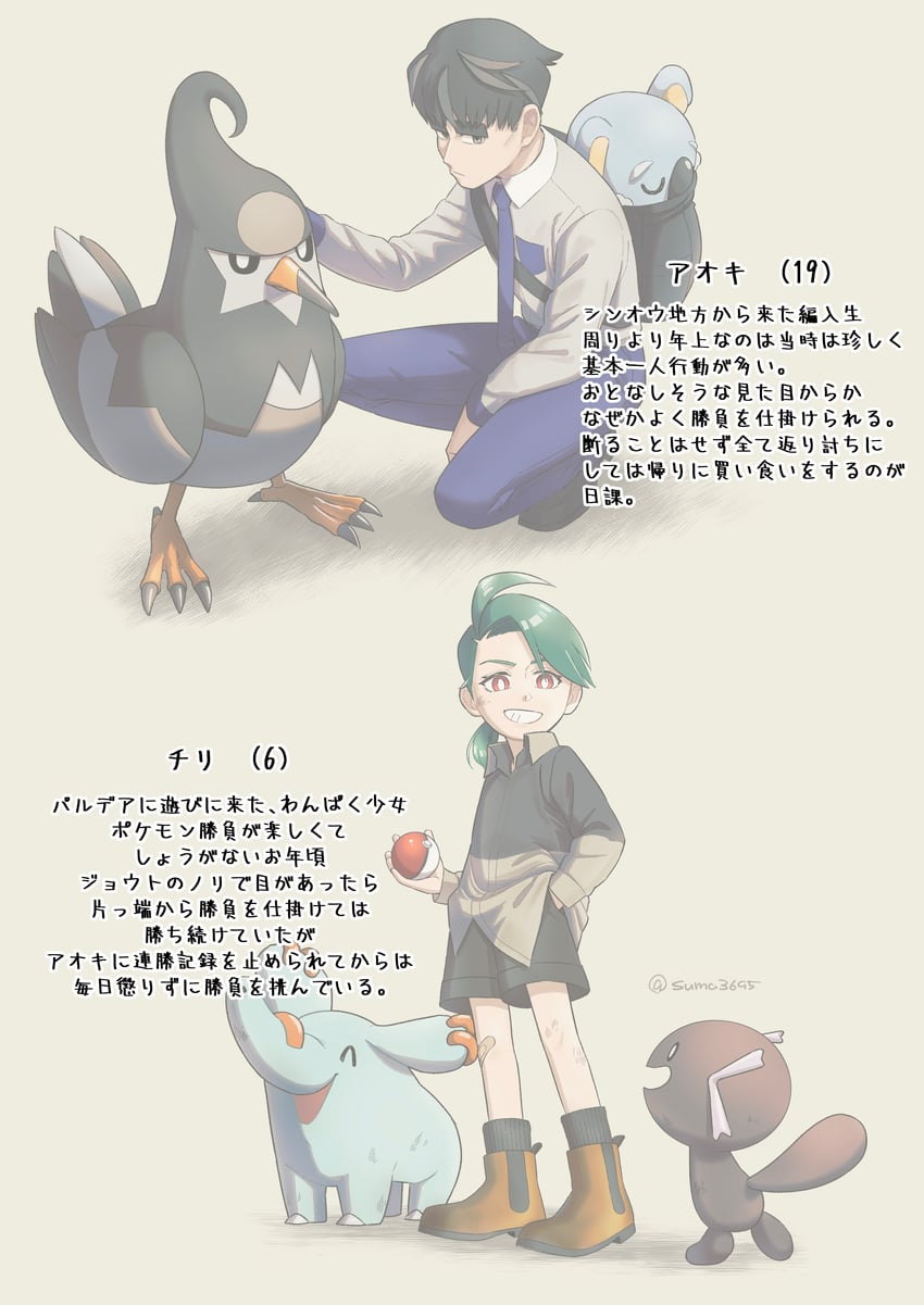 rika, larry, paldean wooper, phanpy, komala, and 1 more (pokemon and 1 more) drawn by suma3695