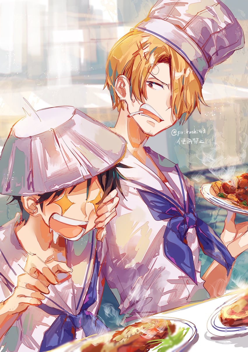 monkey d. luffy and sanji (one piece) drawn by girikashi43
