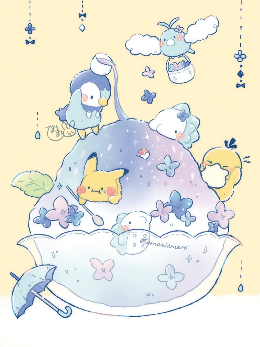 pikachu, piplup, psyduck, swablu, and snom (pokemon) drawn by temariame14