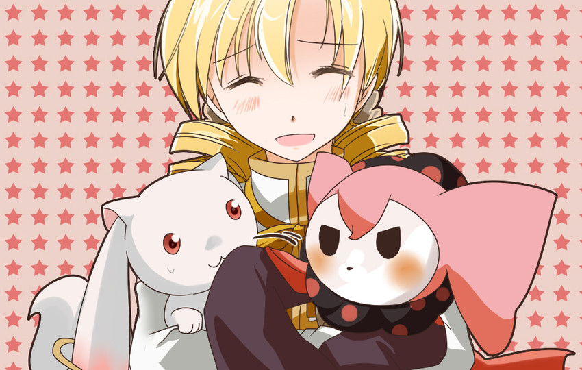 tomoe mami, kyubey, and charlotte (mahou shoujo madoka magica) drawn by kazeru