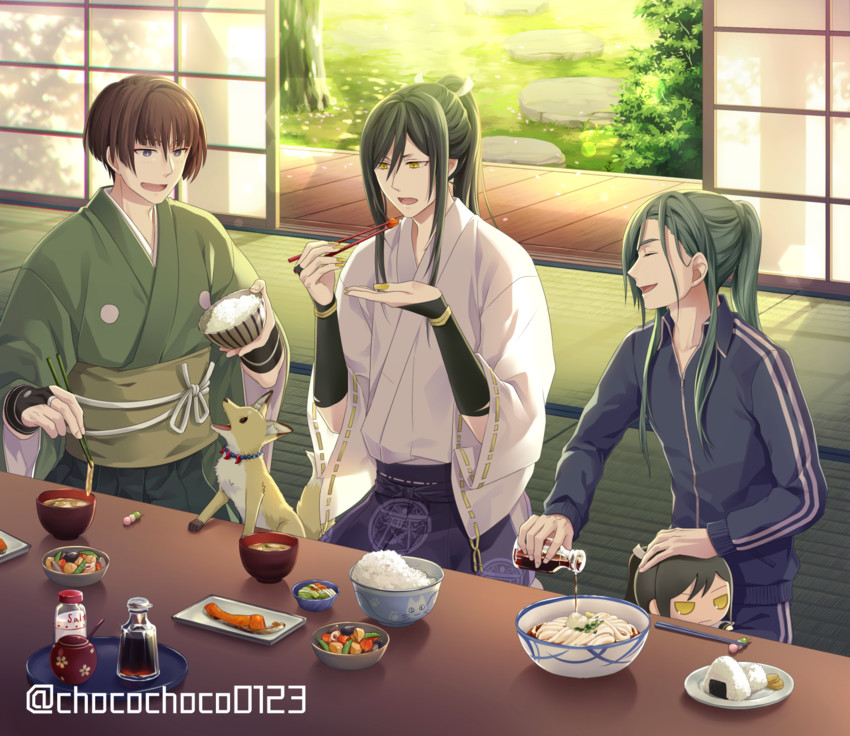 ishikirimaru, nakigitsune's fox, nikkari aoe, and tarou tachi (touken ranbu) drawn by honegai