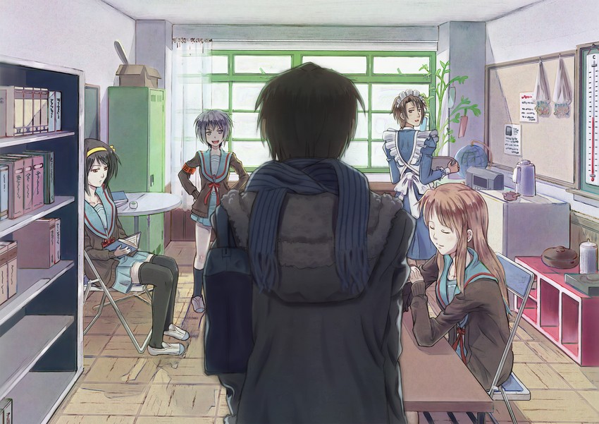 suzumiya haruhi, nagato yuki, asahina mikuru, kyon, and koizumi itsuki (suzumiya haruhi no yuuutsu and 1 more) drawn by furuhiro