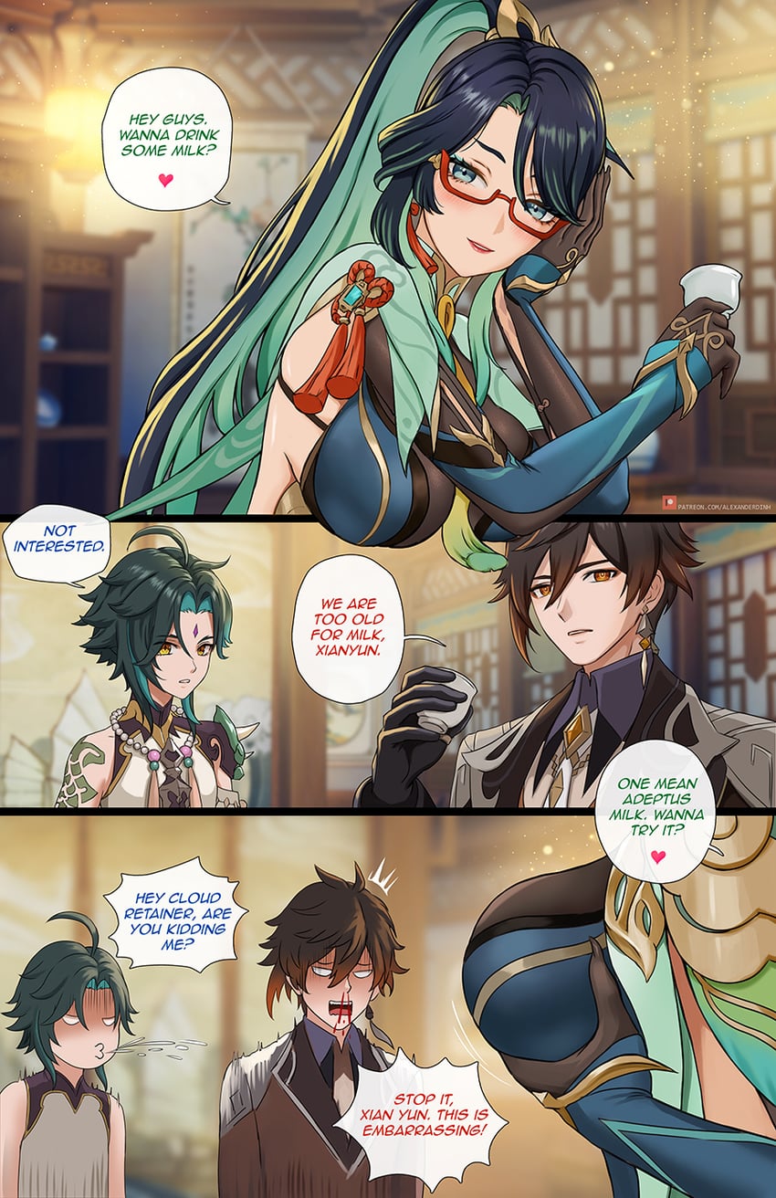 zhongli, xiao, and xianyun (genshin impact) drawn by alexander_dinh
