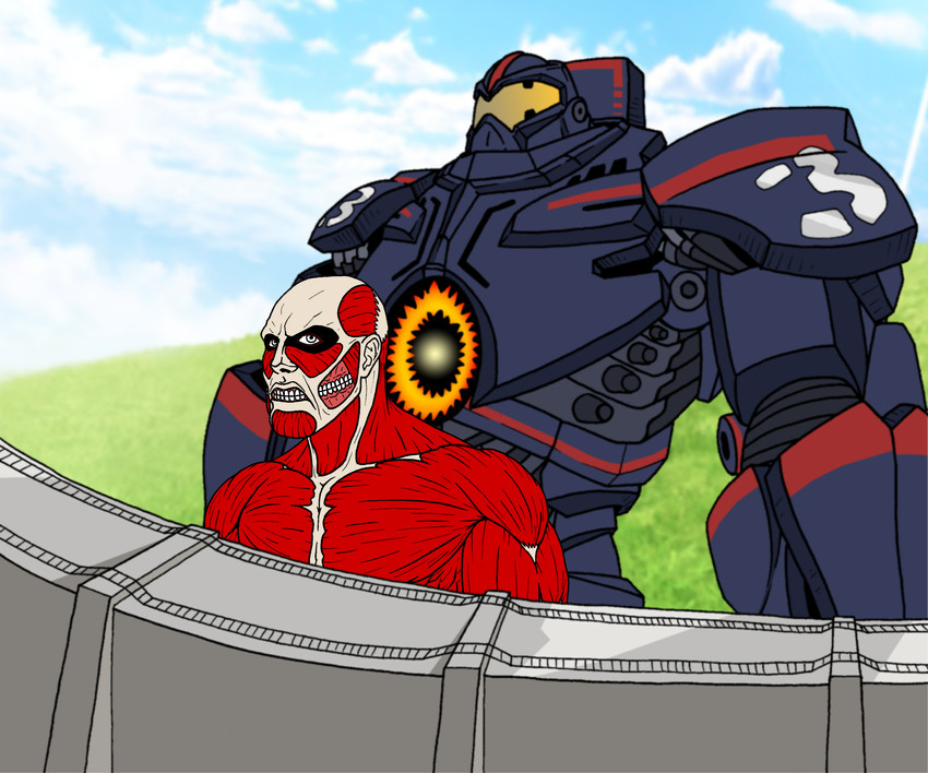 titan, colossal titan, and gipsy danger (shingeki no kyojin and 1 more) drawn by tomastocornal