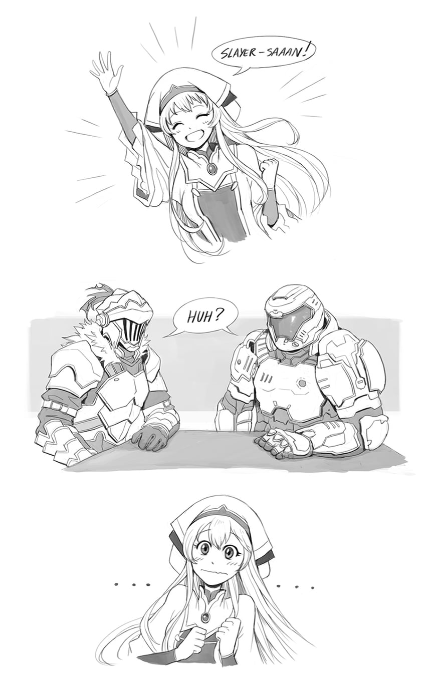 priestess, doomguy, goblin slayer, and brad hawkins (goblin slayer! and 1 more) drawn by sunnbnn