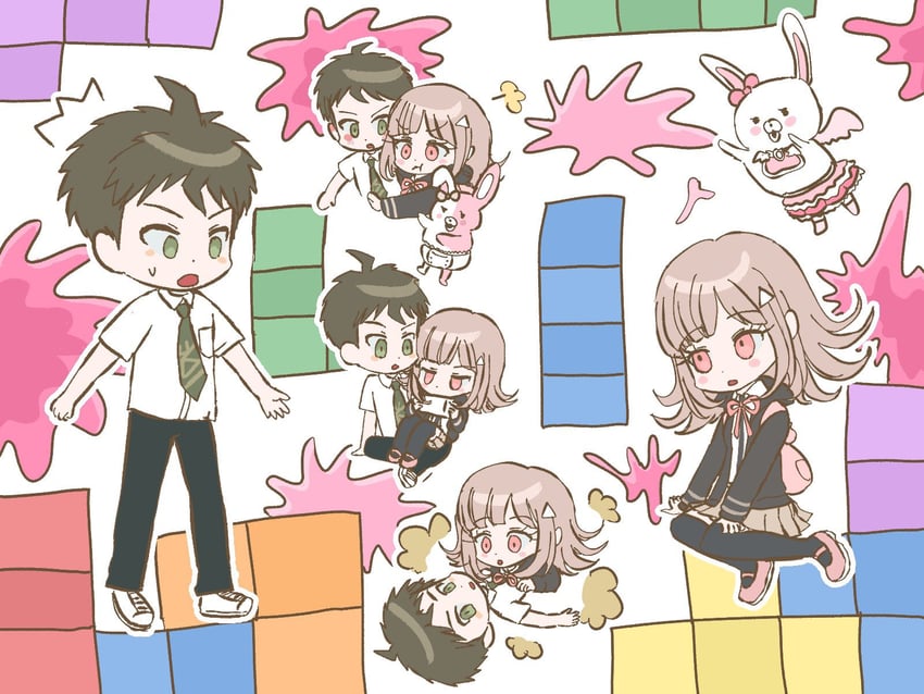 nanami chiaki, hinata hajime, monomi, and usami (danganronpa and 2 more) drawn by ddubi