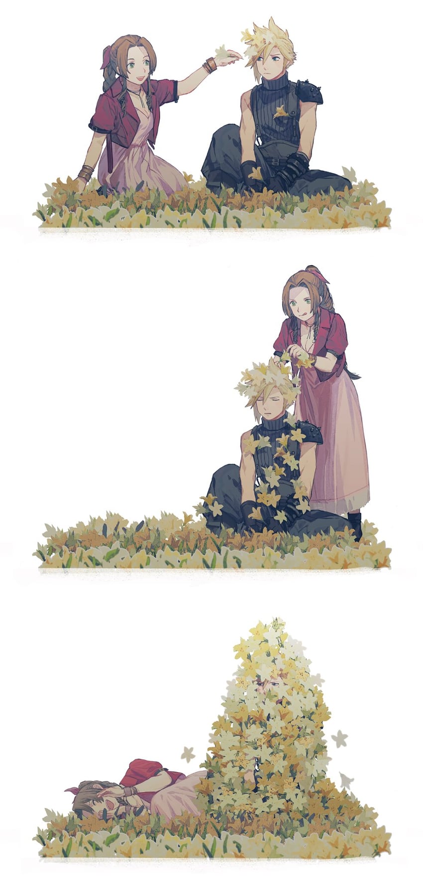 cloud strife and aerith gainsborough (final fantasy and 2 more) drawn by suba_betsu