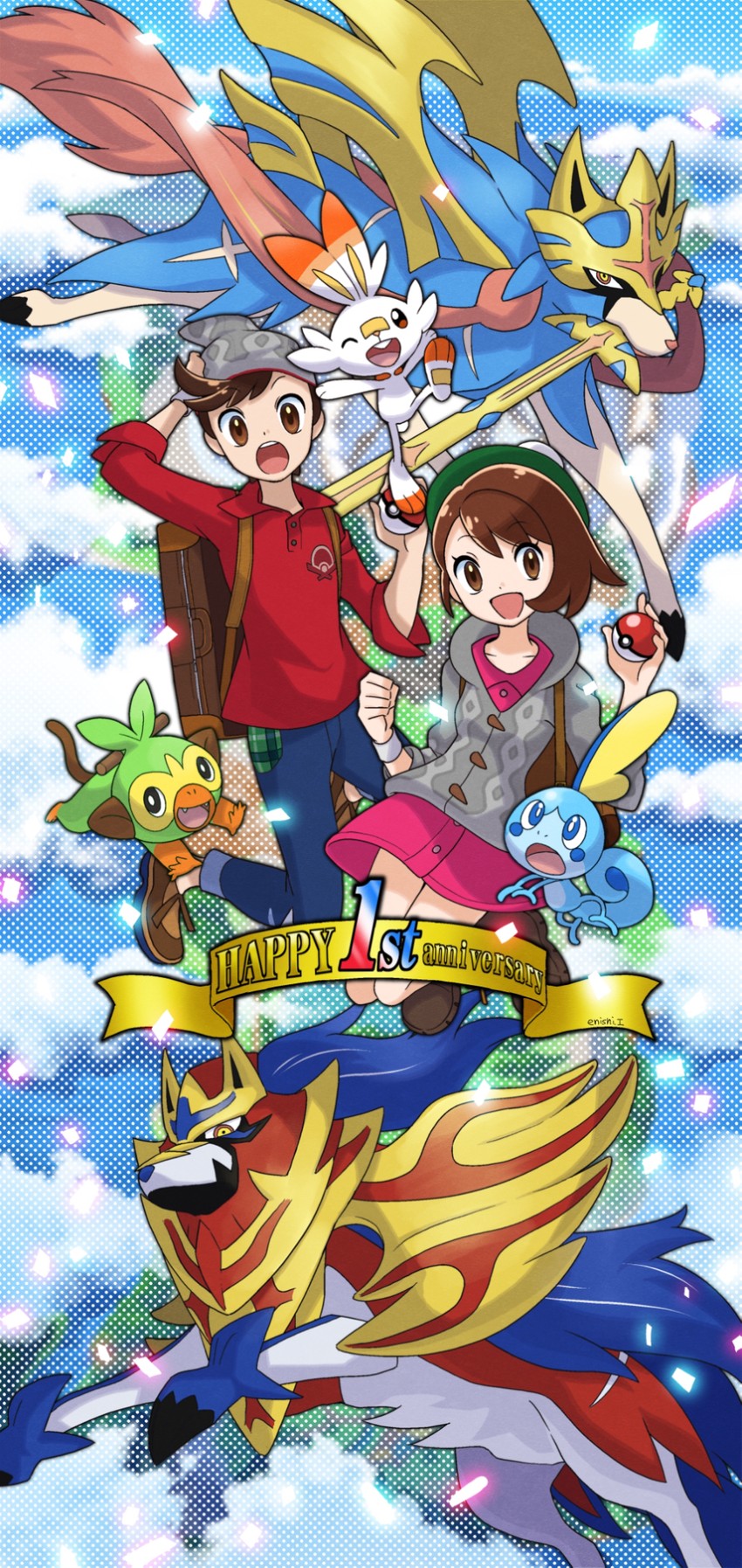 gloria, scorbunny, sobble, victor, grookey, and 2 more (pokemon and 1 more) drawn by yukari_(yukari21653710)