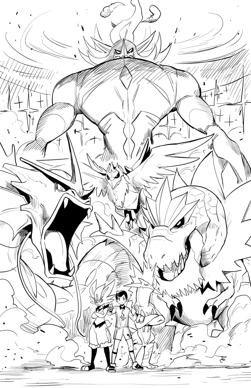 victor, cinderace, gyarados, toxtricity, corviknight, and 3 more (pokemon and 1 more) drawn by gegegekman
