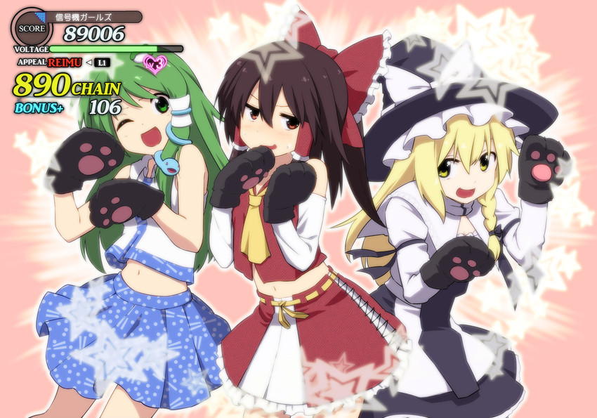 hakurei reimu, kirisame marisa, and kochiya sanae (touhou and 2 more) drawn by leon_(mikiri_hassha)