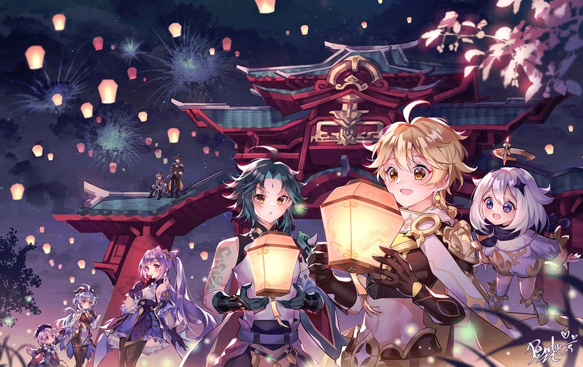 ganyu, aether, zhongli, keqing, paimon, and 3 more (genshin impact) drawn by kawaii2panda