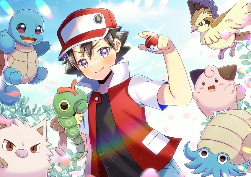 red, squirtle, pidgey, caterpie, cleffa, and 2 more (pokemon and 1 more) drawn by kou_hiyoyo