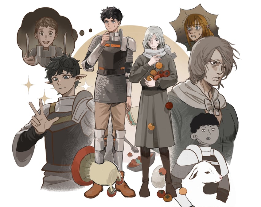 laios touden, mithrun, kabru, walking mushroom, pattadol, and 1 more (dungeon meshi) drawn by xiiiiiiiii