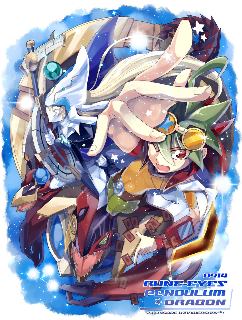 sakaki yuya, odd-eyes pendulum dragon, stargazer magician, and rune-eyes pendulum dragon (yu-gi-oh! and 1 more) drawn by eirakko
