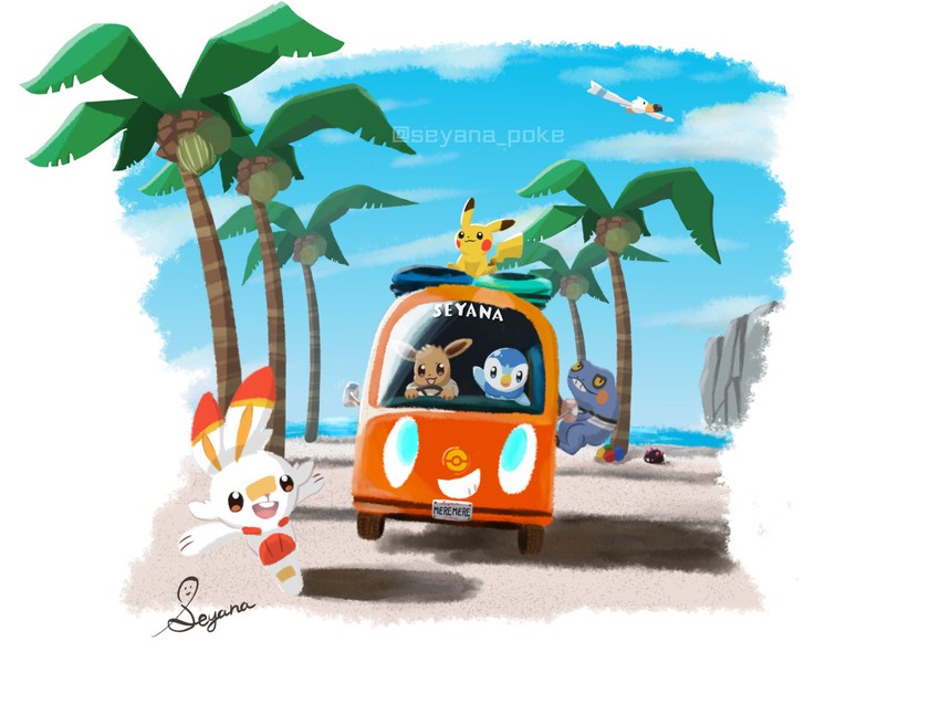 pikachu, eevee, rotom, piplup, scorbunny, and 3 more (pokemon) drawn by seyana_(seyanaillust)