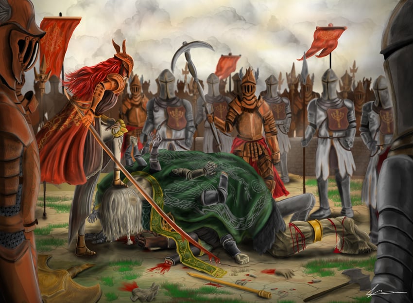 malenia blade of miquella, godrick the grafted, and cleanrot knight (elden ring) drawn by jherringcreative