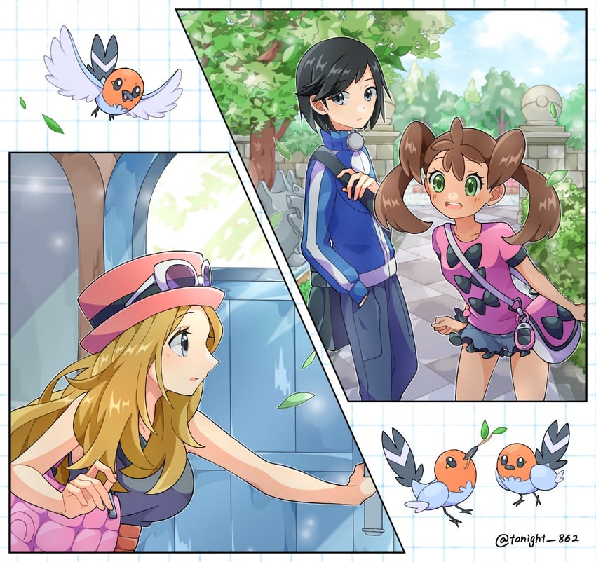 serena, calem, shauna, and fletchling (pokemon and 1 more) drawn by rain_(tonight_862)