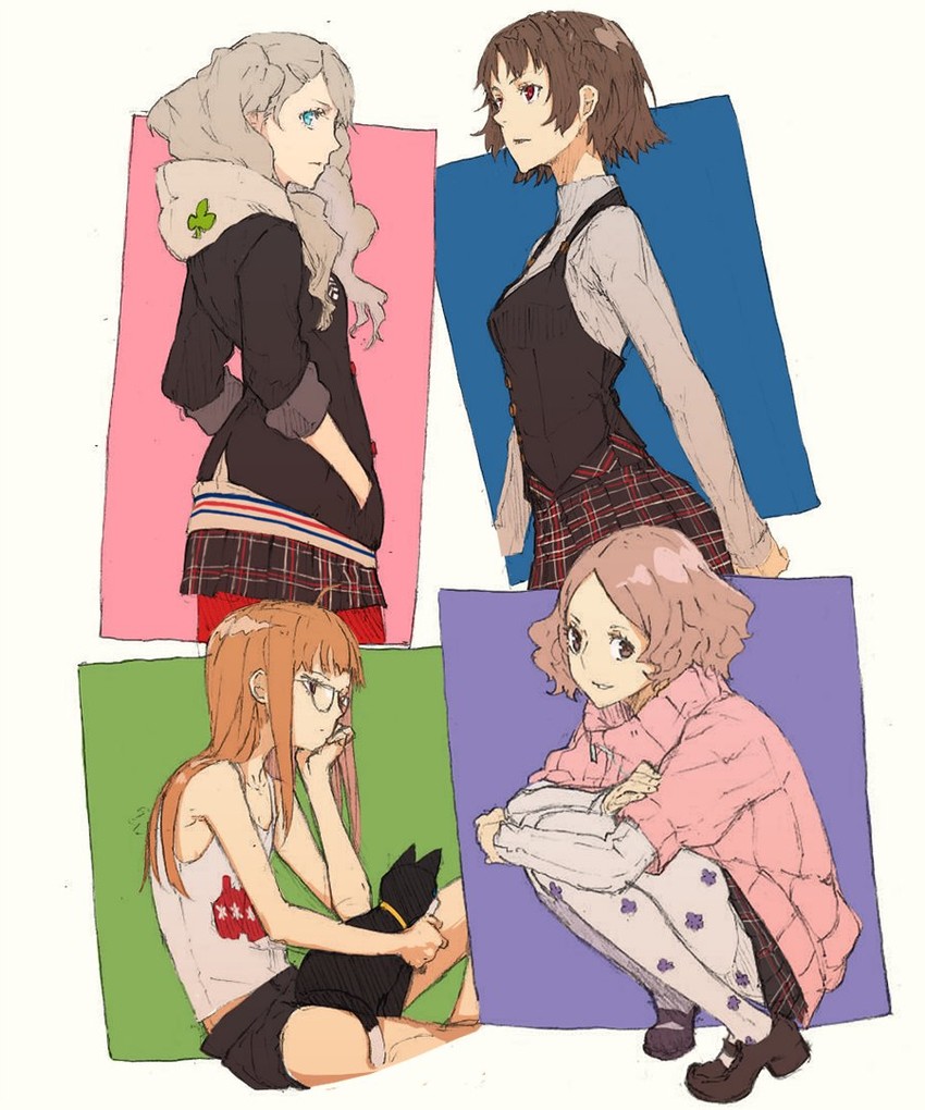 takamaki anne, sakura futaba, niijima makoto, okumura haru, and morgana (persona and 1 more) drawn by hayami_ritsu