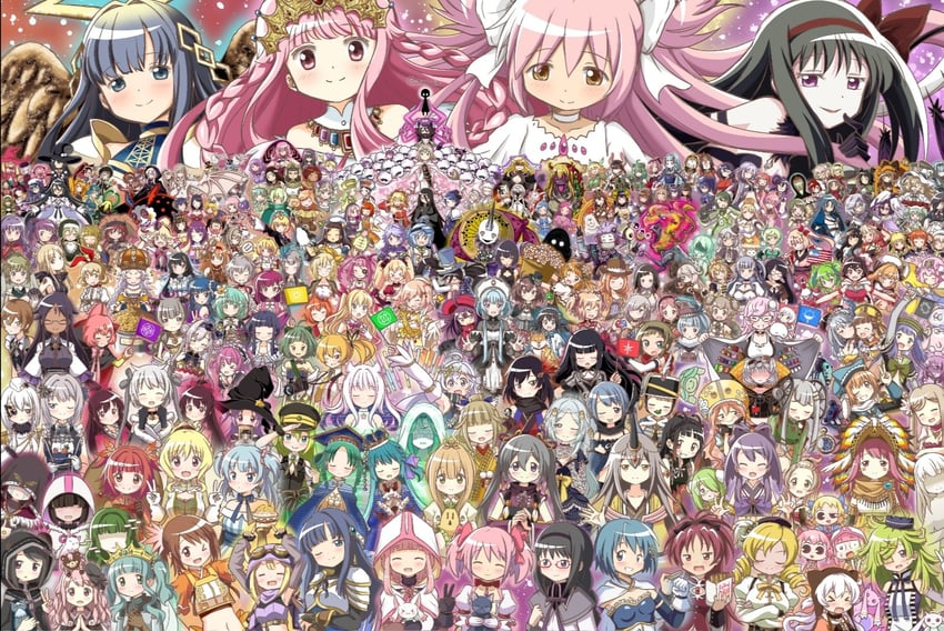 akemi homura, kaname madoka, miki sayaka, sakura kyoko, tomoe mami, and 191 more (mahou shoujo madoka magica and 10 more) drawn by kuro_ink