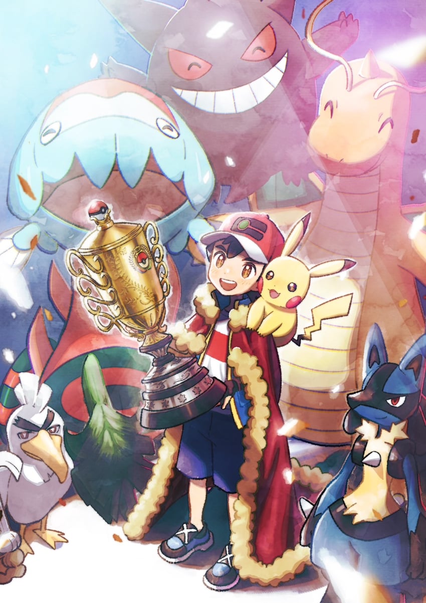 pikachu, ash ketchum, lucario, gengar, dragonite, and 2 more (pokemon and 1 more) drawn by minato_(mntnm)