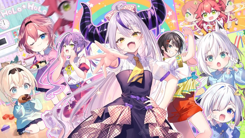 shirakami fubuki, tokoyami towa, oozora subaru, amane kanata, la+ darknesss, and 3 more (hololive) drawn by riichu