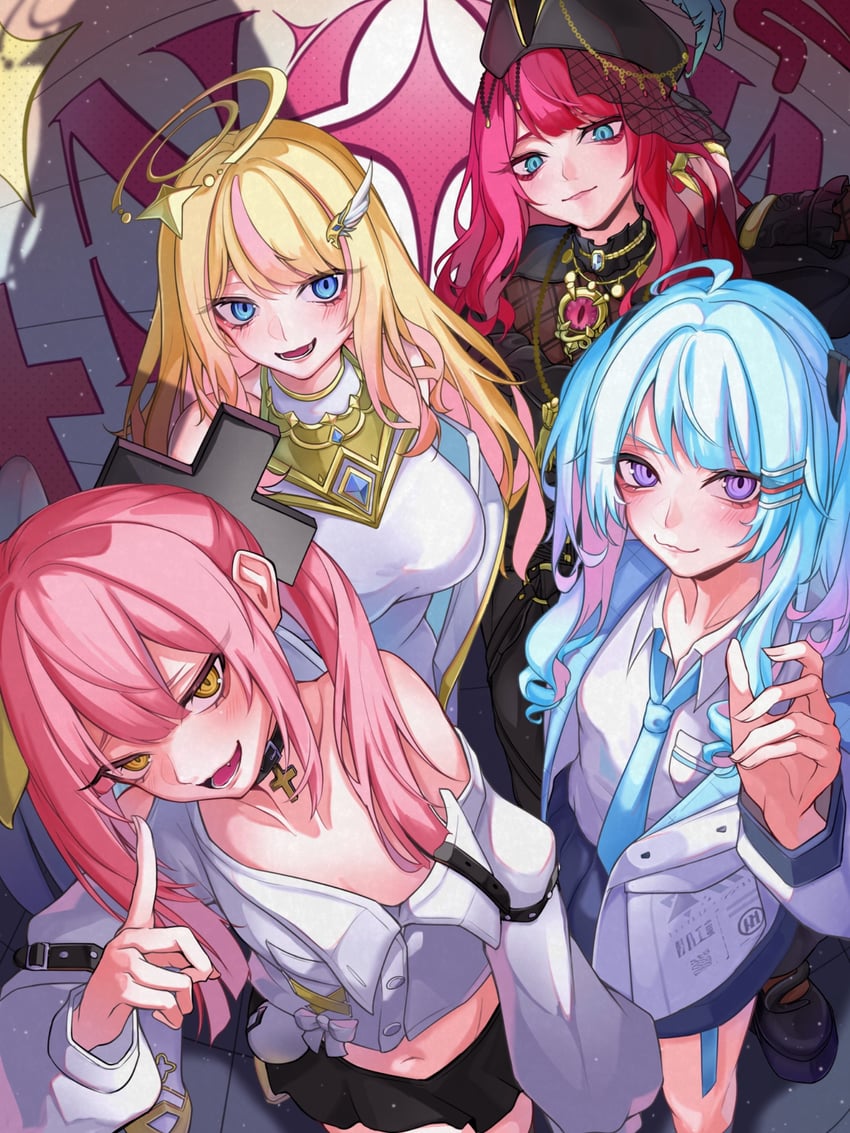 okamoto nagi, yutori peke, akatsuki hotaru, and hestia happiness (vshojo) drawn by dradra_tw