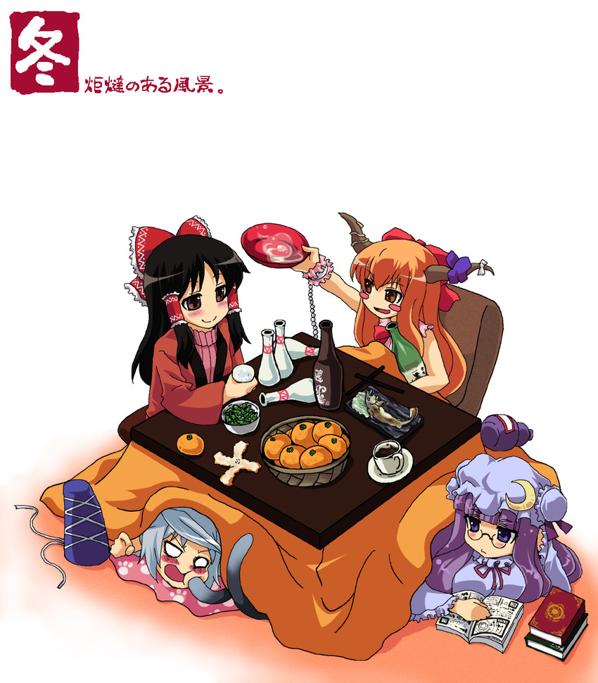 hakurei reimu, patchouli knowledge, ibuki suika, and mononobe no futo (touhou) drawn by akuto