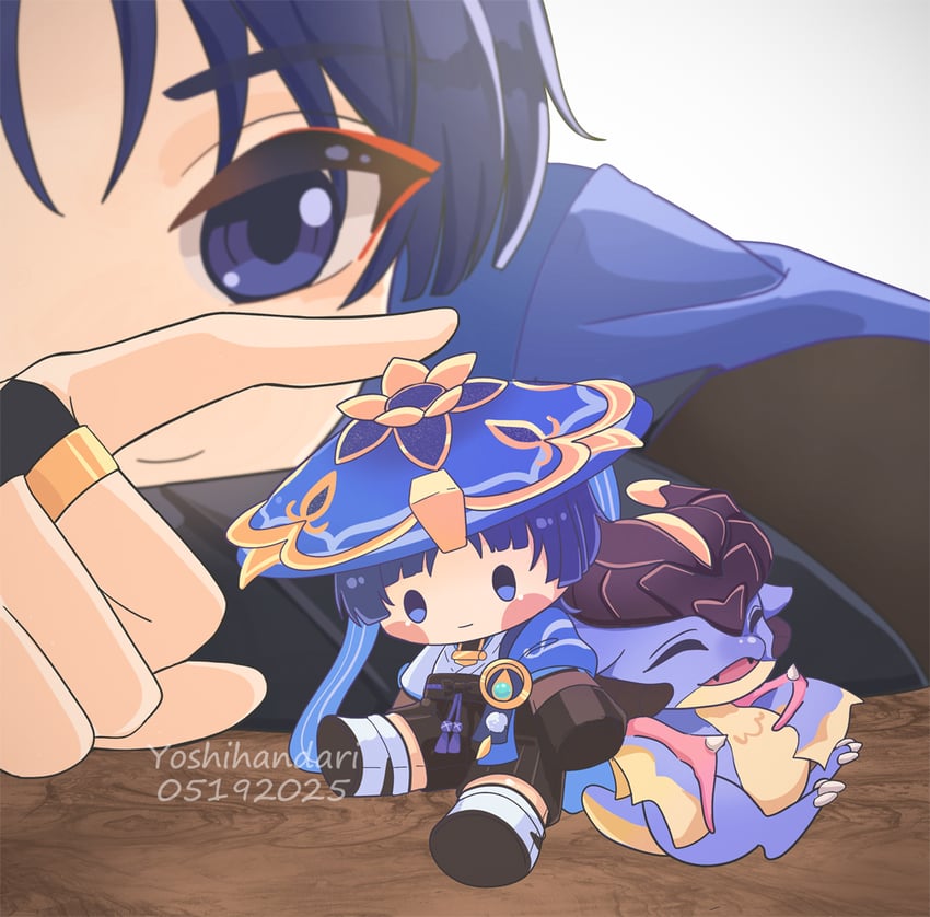 scaramouche, wanderer, and mini durin (genshin impact) drawn by handari